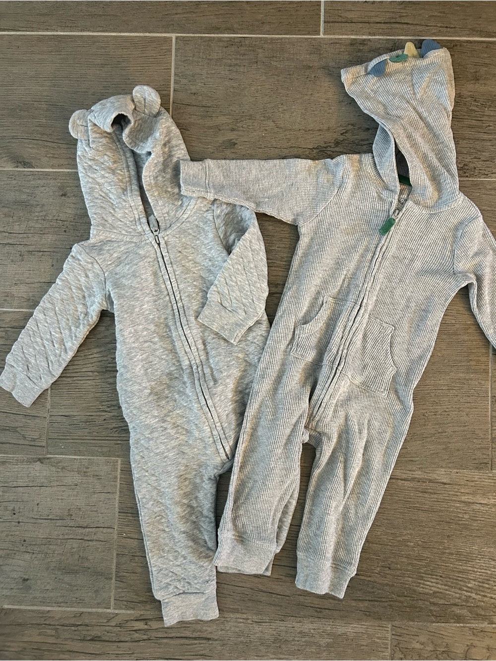 EUC Carter’s Bundle of 2 gray zip-front hooded baby boy rompers